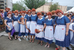 Group of I love Lucy fans dressed as Lucy at the Lucille Ball Festival.