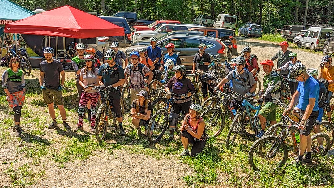 Group of mountain bikers after a race.