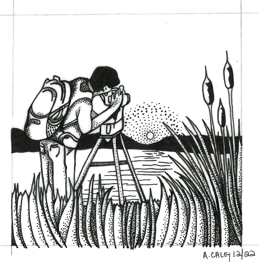 Drawing of a photographer taking a photo of the Chadakoin River at sunset.